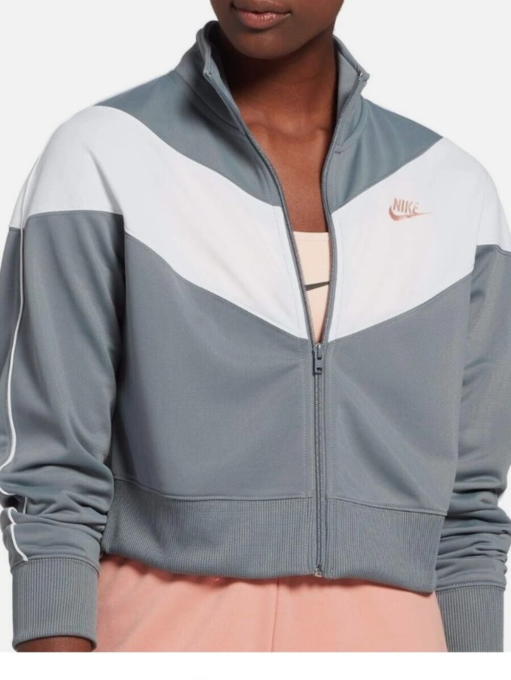 Nike Women's Bomber Jacket in Cool Grey and White with Pink Logo